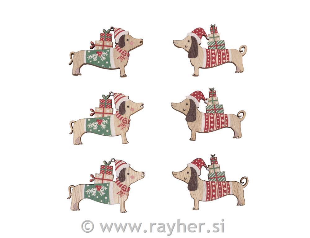 Wood decor. shapes Christmas dachshund4.4x3.2cm, w. adh. dot, tab-bag 6pcs