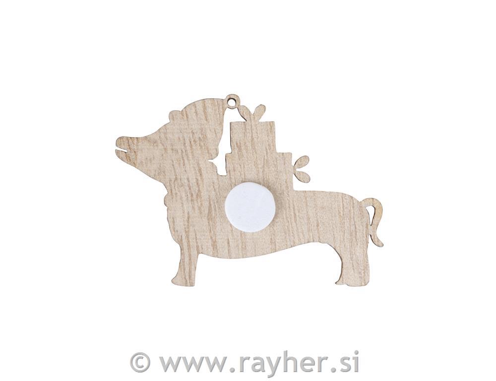 Wood decor. shapes Christmas dachshund4.4x3.2cm, w. adh. dot, tab-bag 6pcs
