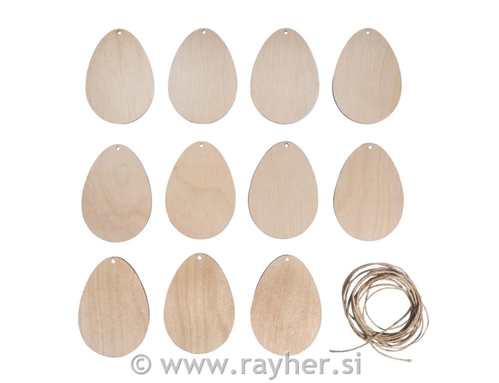 Lesena jajca, 5,6x8cm, z vrvico, set 12
