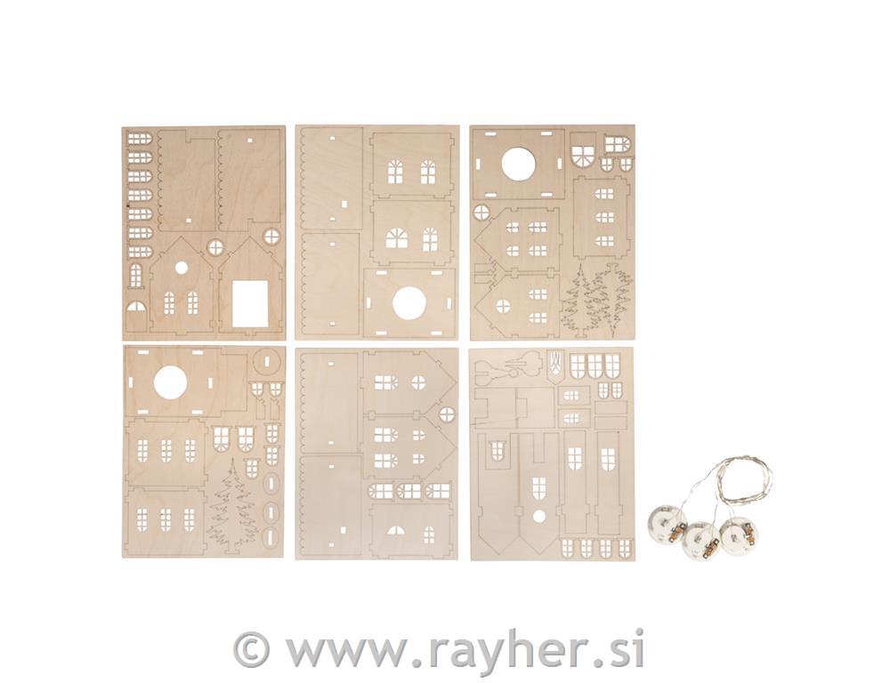 Lesena sestavljanka Vasica 84 delna 7-19 cm + LED lučke