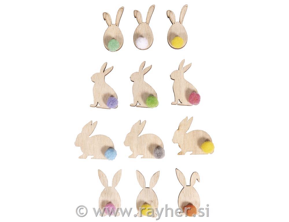 Wooden shapes Bunny, FSC Mix Credit3-3.7cm, tab-bag 12pcs, coloured