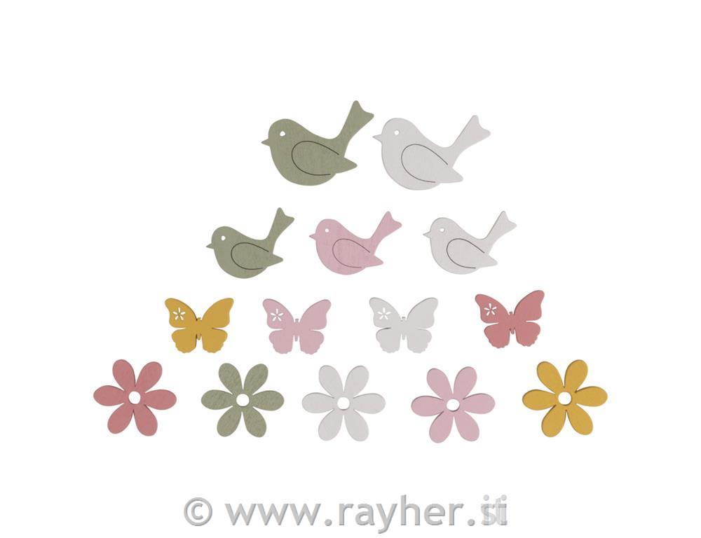 Leseni okraski Ptički, rožice, metulji, set 14