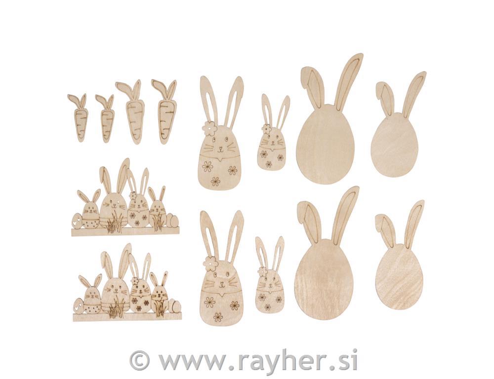 Veneer wood Easter bunnies&friends3.9-8.8cm, 1mm thick, tab-bag 14pcs, nat