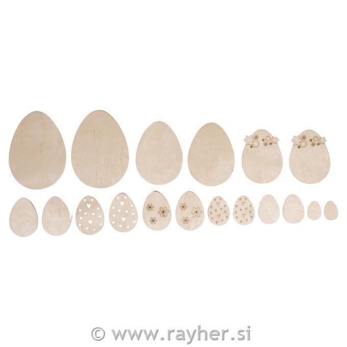 Okraski iz furnirja Velikonočna jajca, 2-8 cm, deb. 1mm, 18 kosov