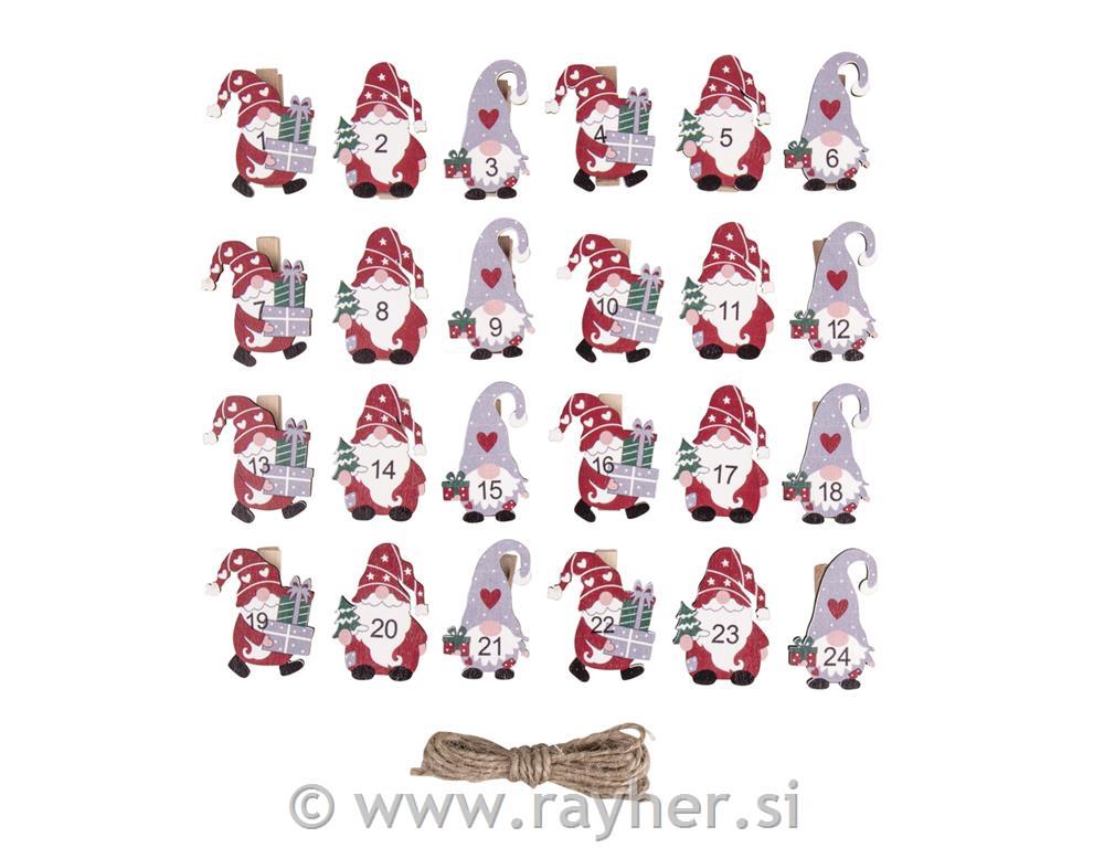 Advent numbers Santa 1-24, 4-4.3cm, clothes pegs+cord, 1Set