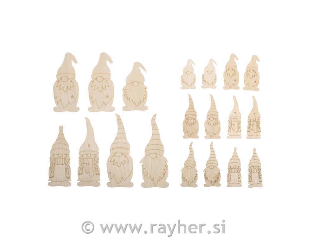 Veneer wood gnome family, natural, 3.6-9cm, 1mm thick, 18pcs