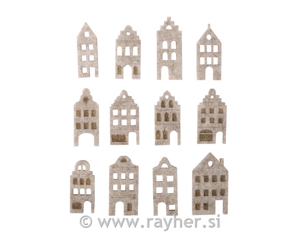 Decorative felt shapes Nordic house, 3.5-4.2cm + adhesive dot, 12pcs