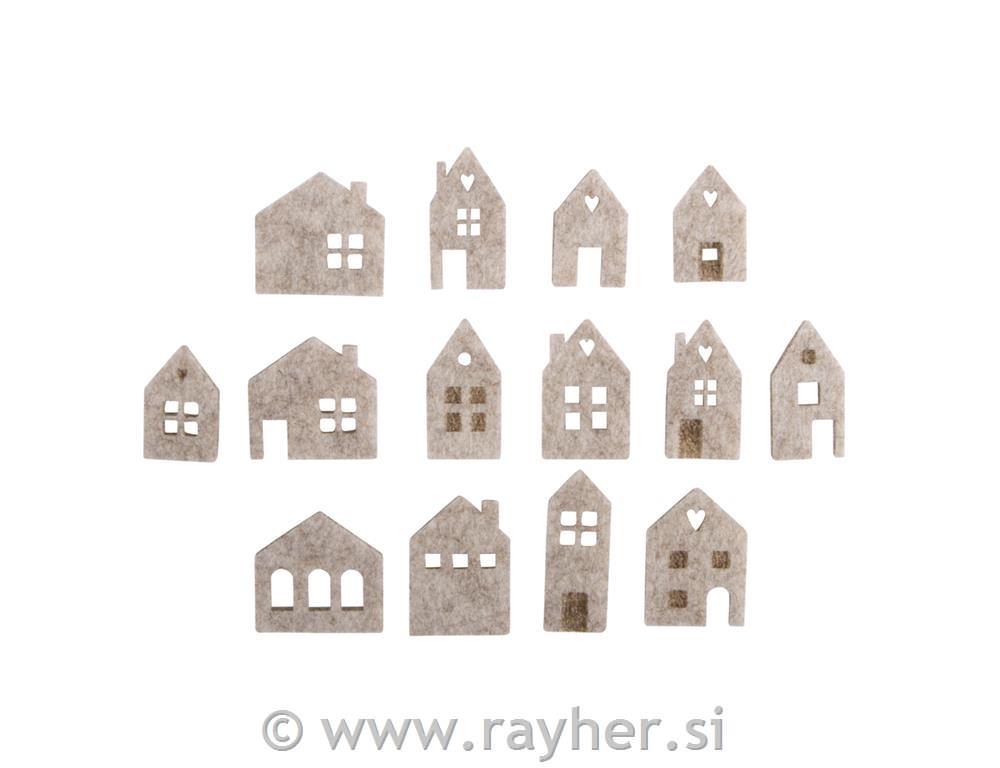 Felt shapes to scatter Mini House, 2.5-3.5cm + adhesive dot, 14pcs