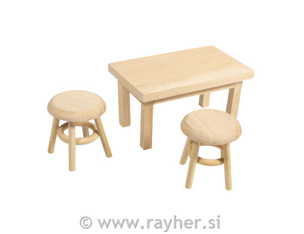 Mini wood tablw with 2 stools, natural, 8x5x4.5cm +3.5x3.8cm, 1set
