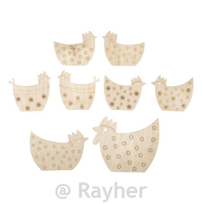 Leseni okraski kokoške in petelini, 5-8 cm, deb.1 mm, 8 kosov