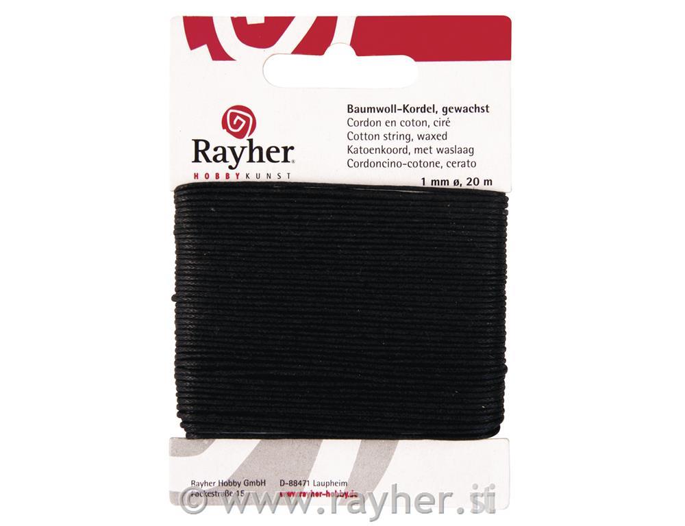 Cotton cord, waxed, black, 1 mm, tab-car