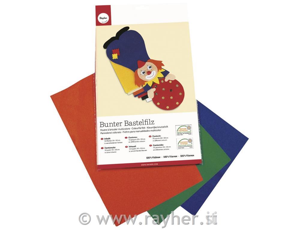 Filc, 0,8-1 mm, mešane barve, 20x30 cm, 10 kom.