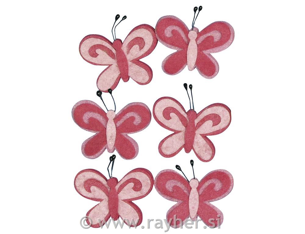 Filc metulji, roza, 5 cm, 6 kom.