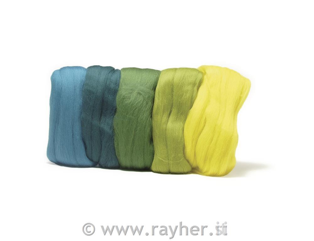 Volneno merino predivo, česano, zelo gladko, zeleni odtenki,