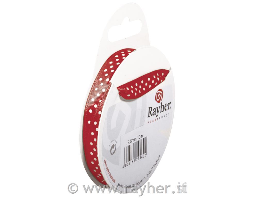 Satin ribbon with dots, red, 9,5mm, tab-