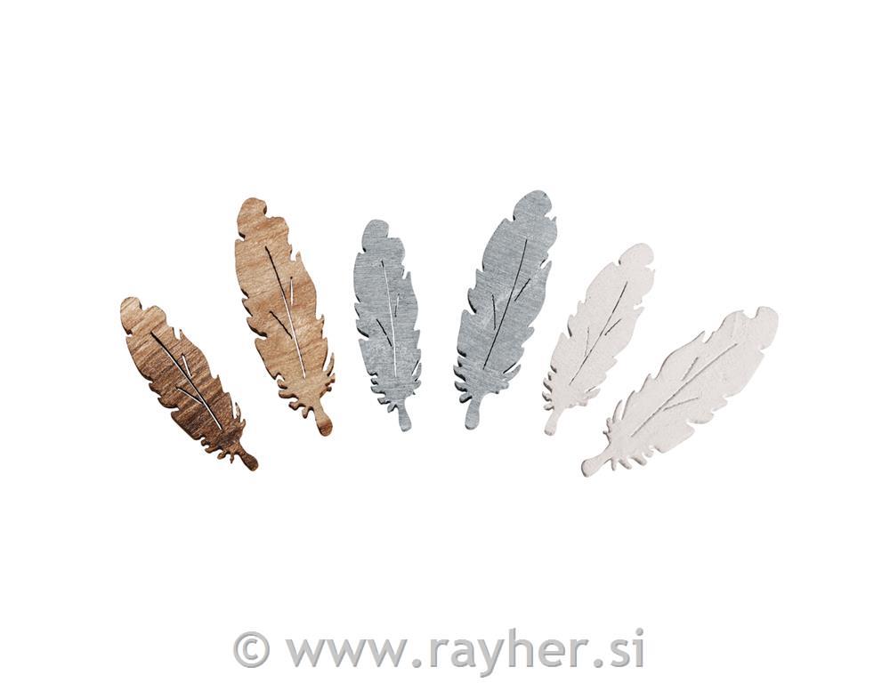 Leseni okraski, perje, 3,5+3cm, set 15