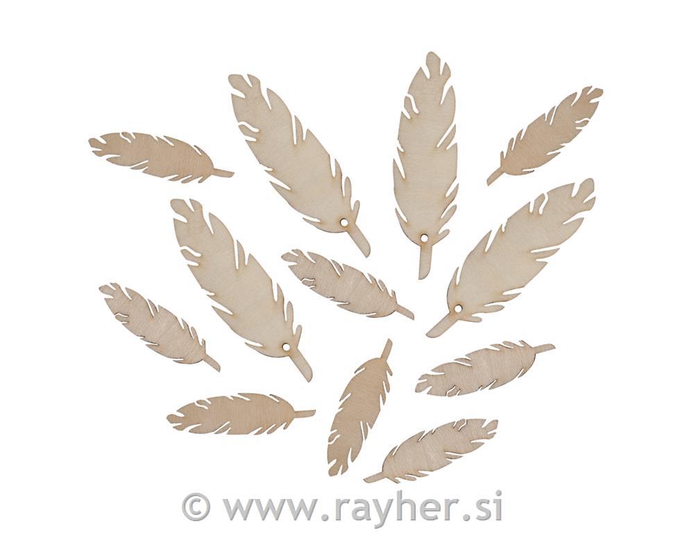 Wooden feathers natural, 7+4cm, assorted