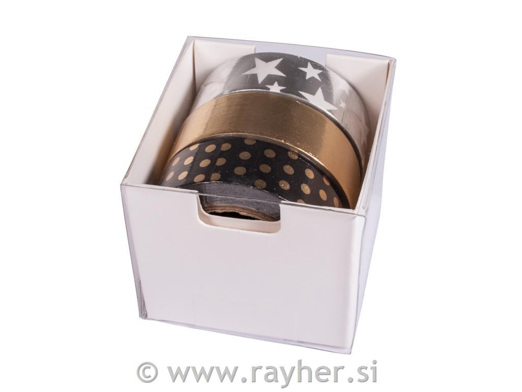 Set Washi Tape foils black/gold/silver ,15mm, 3 designs 10m, box 30m