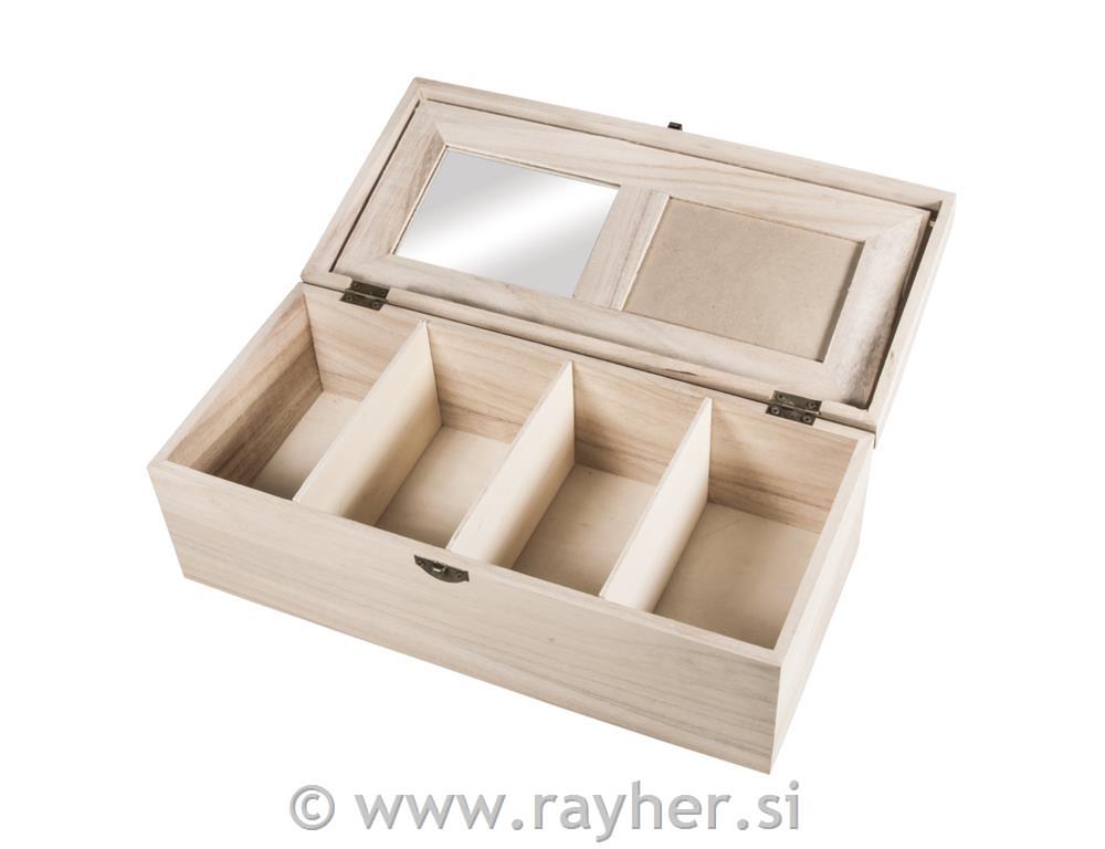 Lesena škatla, 32x15x10cm, ogledalo+okvir, 4 komp.