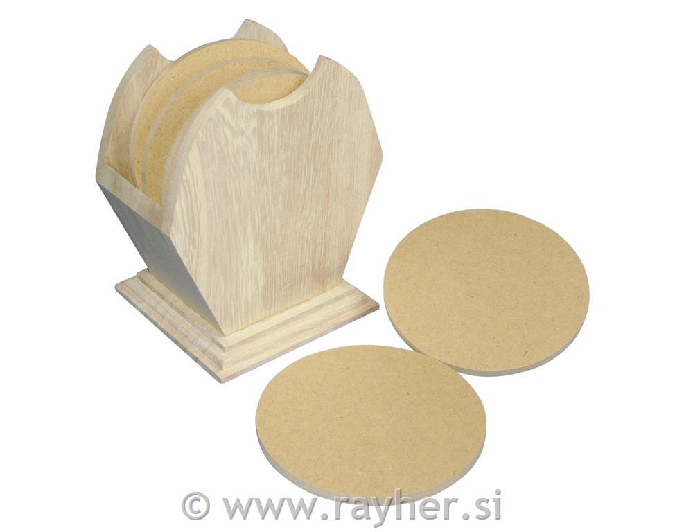 Lesena škatla + podstavki, okrogli, 10cm, set 6 podstavkov