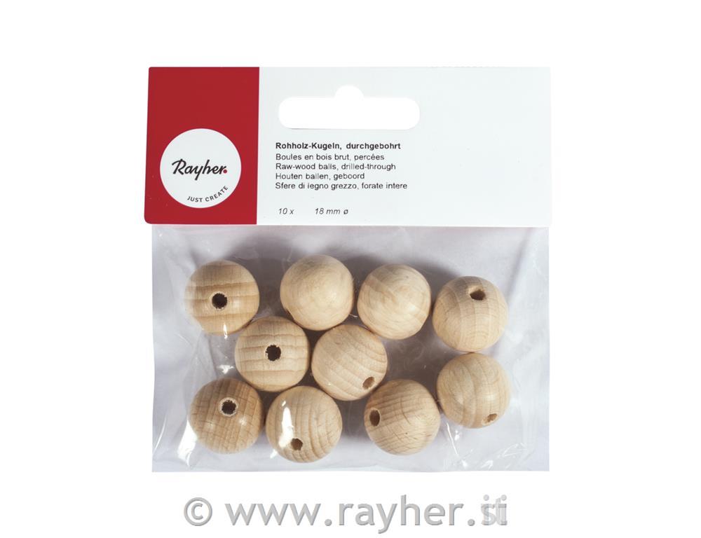 Lesene kroglice, naravne, 18 mm o, luknja 4 mm, 10 kom.