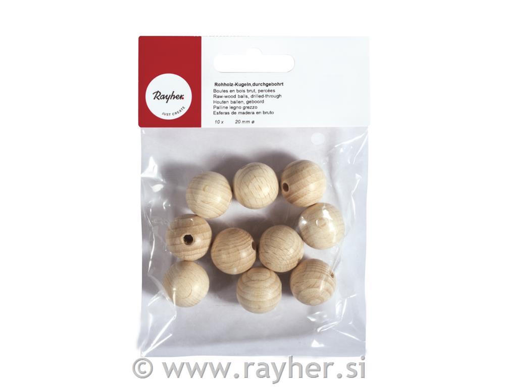 Lesene kroglice, naravne, 20 mm o, luknja 4 mm, 10 kom.