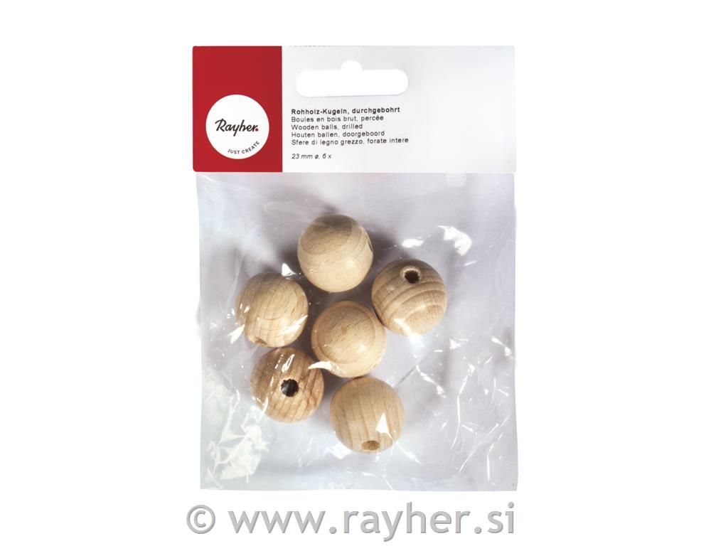 Lesene kroglice, naravne, 23 mm o, luknja 6 mm, 6 kom.
