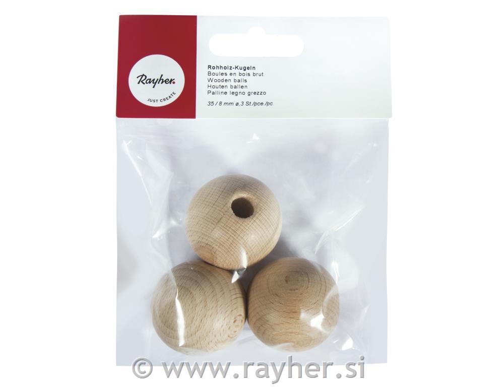 Lesene kroglice, naravne, 35 mm o, luknja 8 mm, 3 kom.