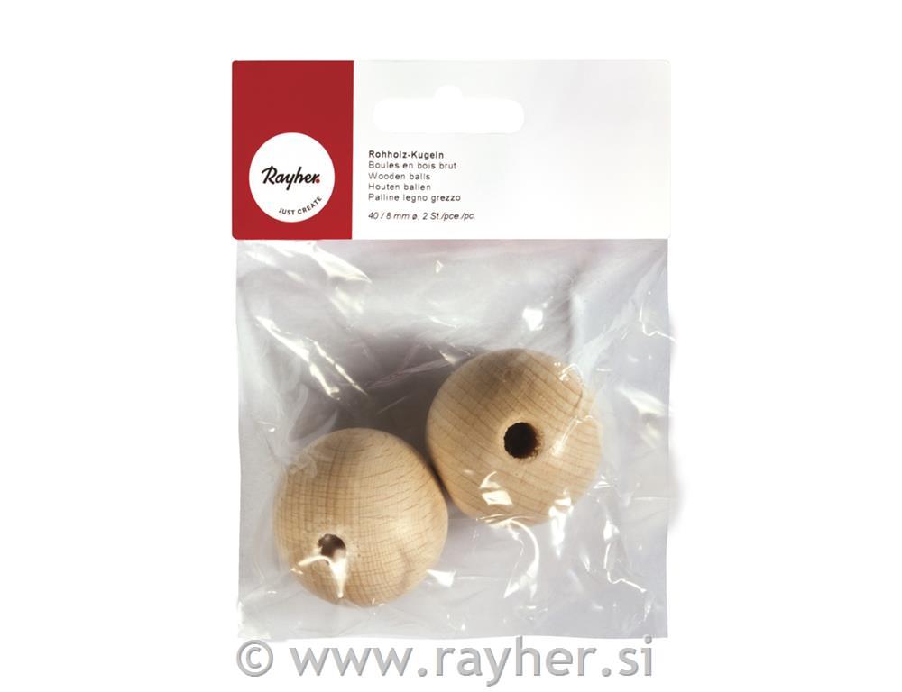 Lesene kroglice, naravne, 40 mm o, luknja 8 mm, 2 kom.