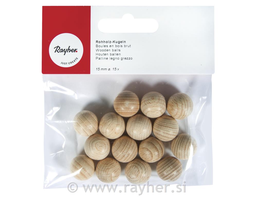 Lesene kroglice, naravne, polne, 15 mm o, 15 kom.