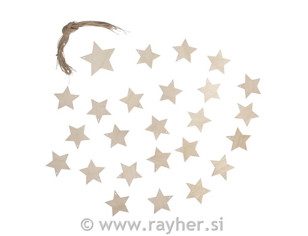 Obešanke zvezde lesene 4,8 in 6,8 cm 24 kosov