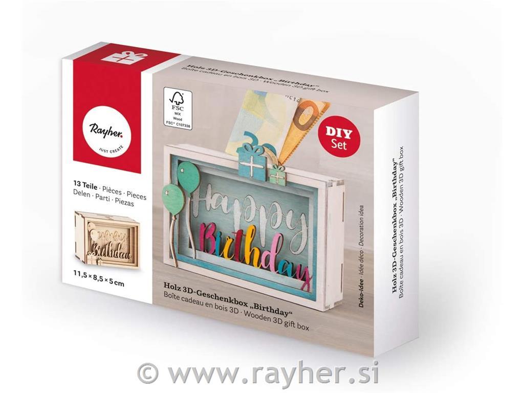 Lesena 3D škatla za darilo "Happy Birthday", 13-delni set