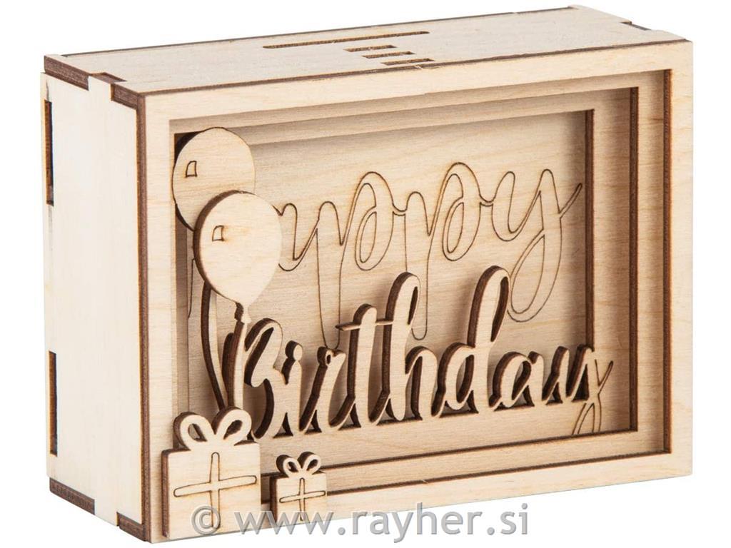 Lesena 3D škatla za darilo "Happy Birthday", 13-delni set
