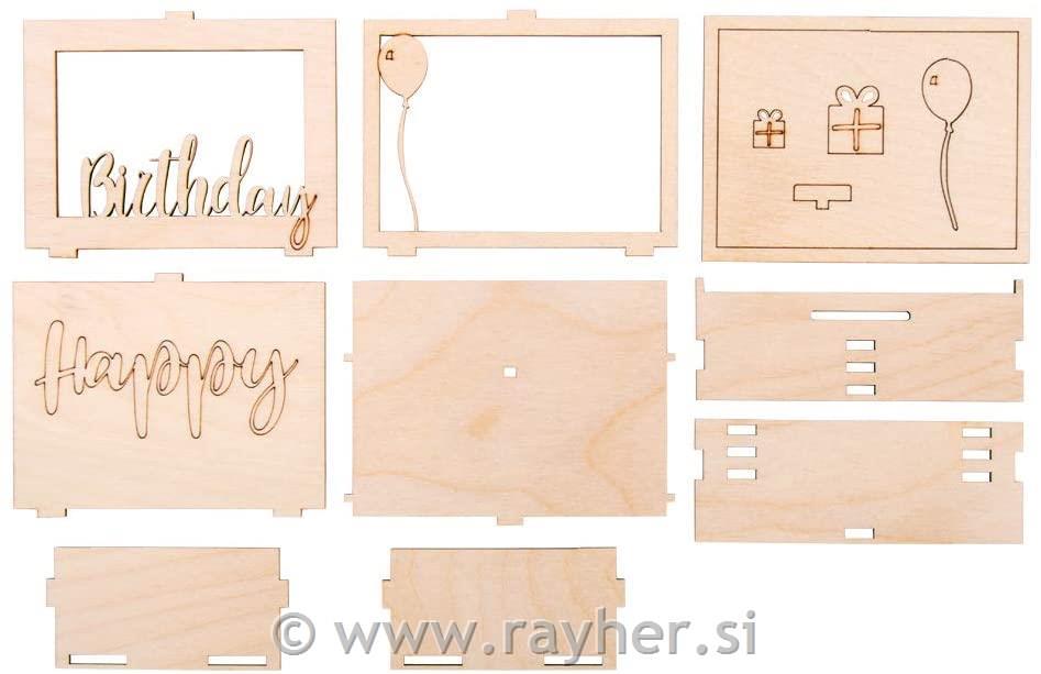 Lesena 3D škatla za darilo "Happy Birthday", 13-delni set