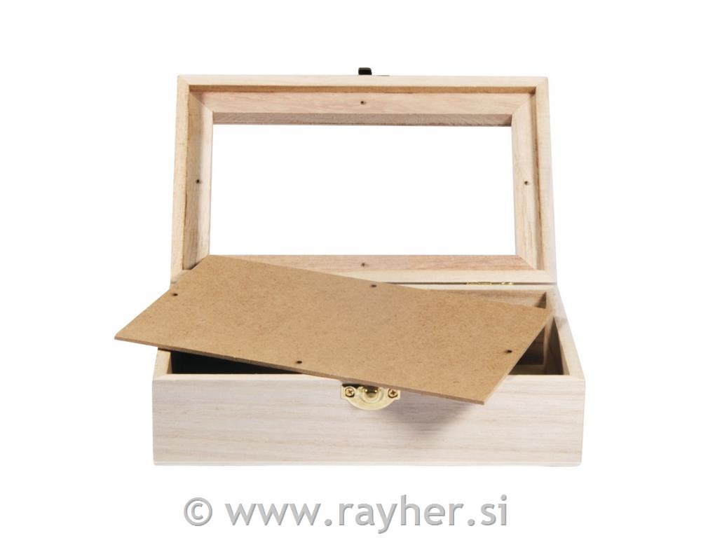 Lesena škatla z steklenim pokrovom, 20x12.5x6.5cm