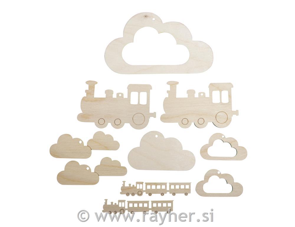 Lesene obešanke za mobile, Mali vlakec, natur, 10-delni set