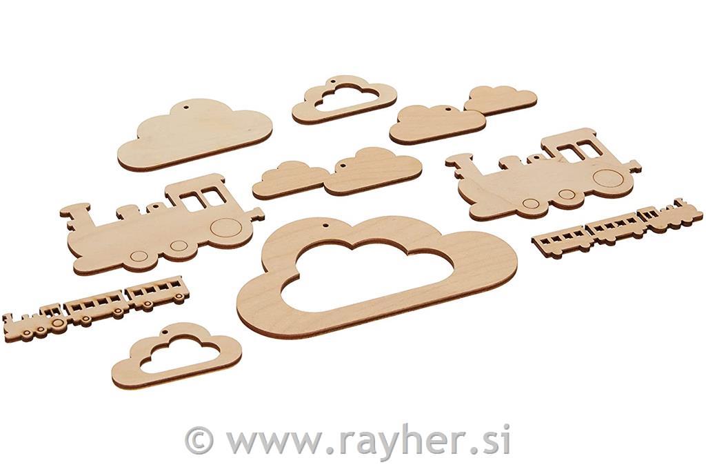 Lesene obešanke za mobile, Mali vlakec, natur, 10-delni set