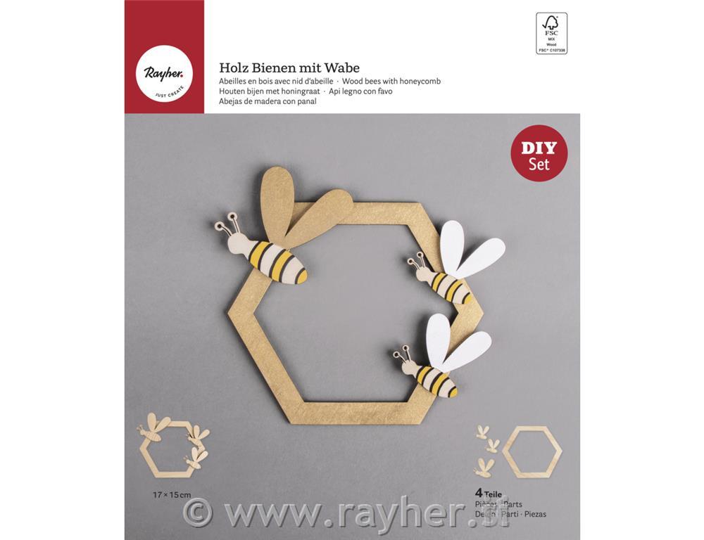 Wood bees with honeycomb,FSC MixedCreditassorted, 4.5-15.5cm, tab-bag 4pcsnatural