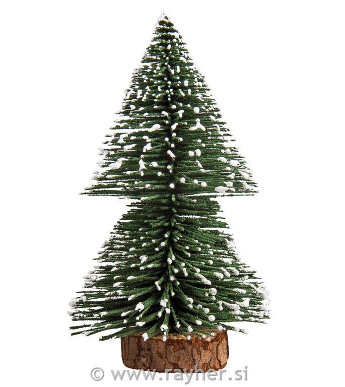 Deco-fir tree, snow-covered, 15cm, green,w.wooden base, PVC box 1pc