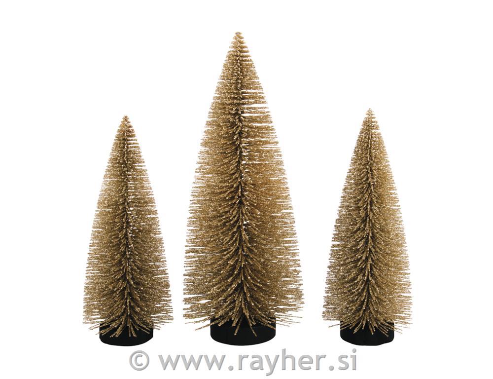 Decorative fir trees, glittered15cm x 2 pcs/20cm x 1 pc, box 3pcscashmere gold