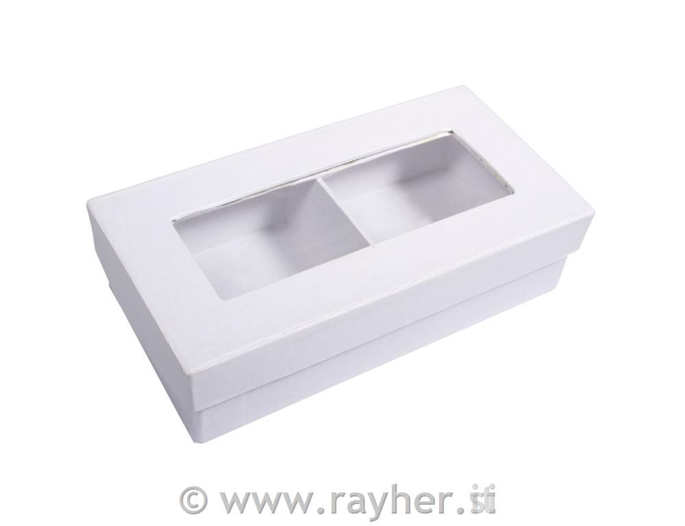 Paper-mâché gift box, FSC Rec. 100%, white, 16.5x8.5x4.5cm, w.divider+window
