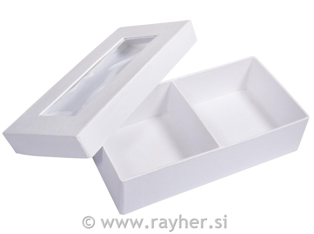Paper-mâché gift box, FSC Rec. 100%, white, 16.5x8.5x4.5cm, w.divider+window