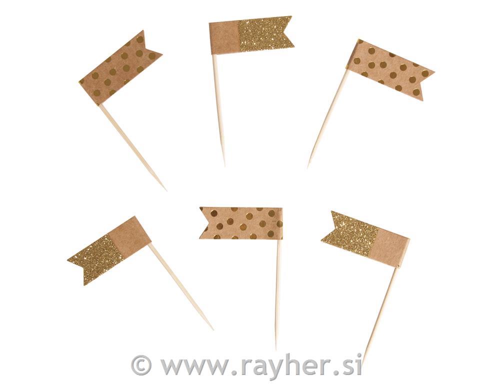 Zastavice mini, zlate, 6.5cm, Zastava: 4x1,5cm, 12 kos