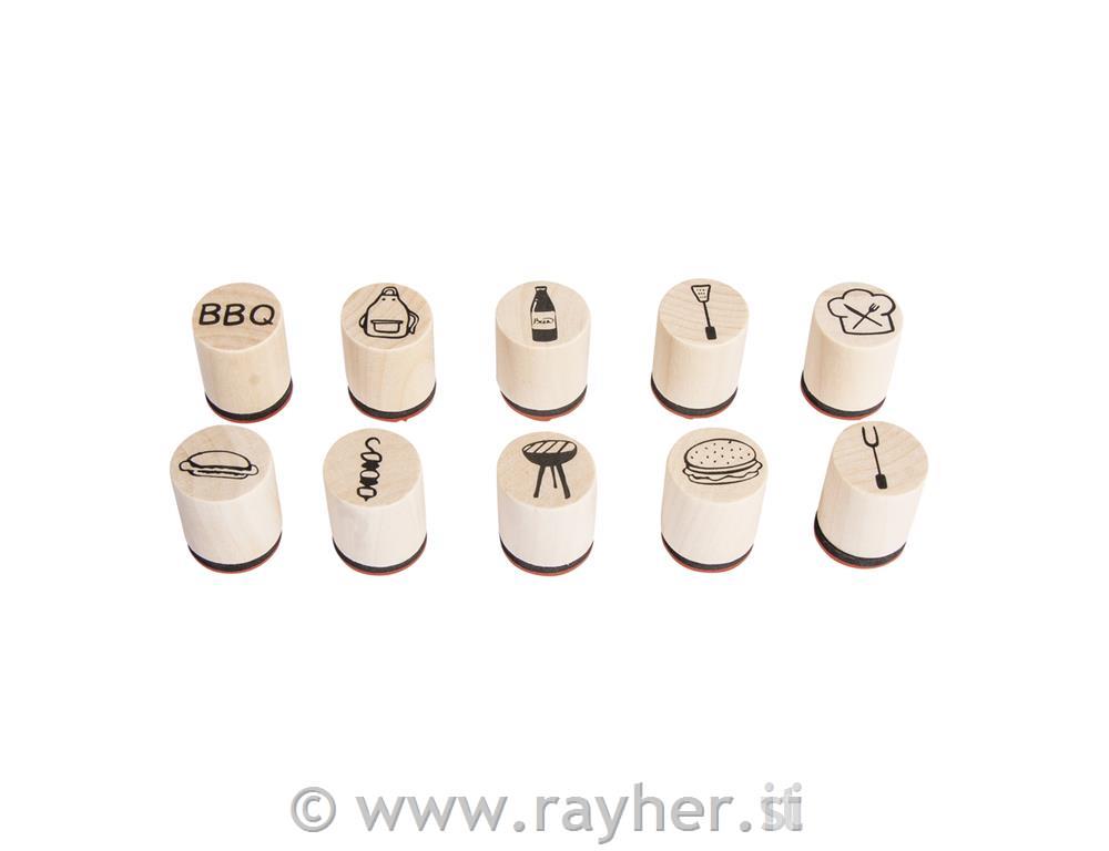Mini set of wooden stamps "BBQ", 2cm o,2.5cm, box 10pcs