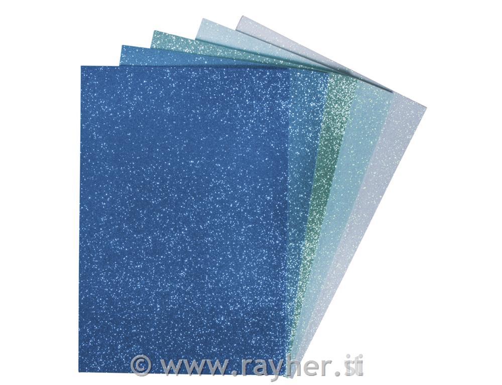 Foam rubber panels glitter, self-adhes.,blue-green, 20x30x0.2cm, 5 colours, tab-