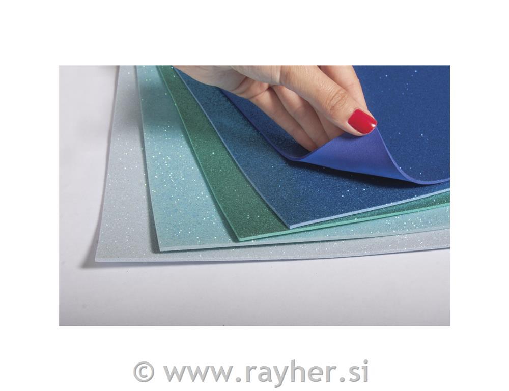 Foam rubber panels glitter, self-adhes.,blue-green, 20x30x0.2cm, 5 colours, tab-