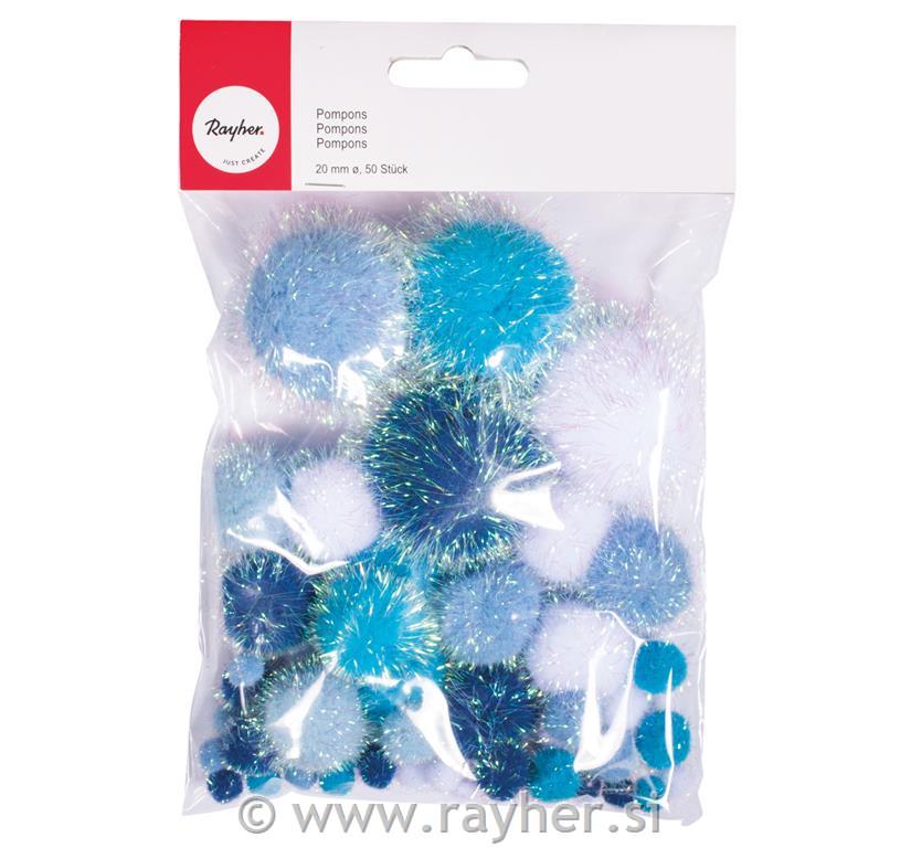 Metallic pompons, assorted, blue-white,colour+size assorted, tab-bag 50pcs