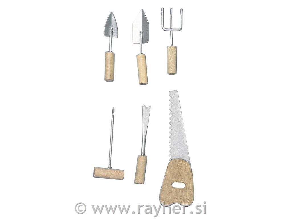 Metallic/wooden tools, 4-6,5 cm, tab-bag