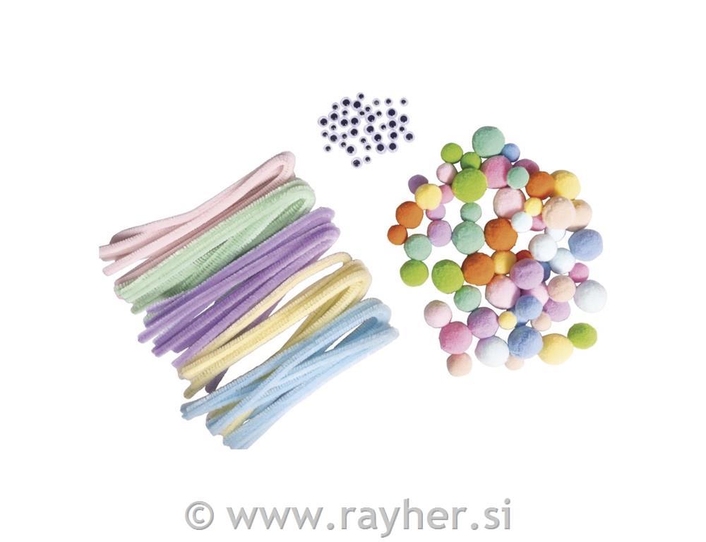 Set pomponov, kosmatih žičk in očes 125 kosov, pastel