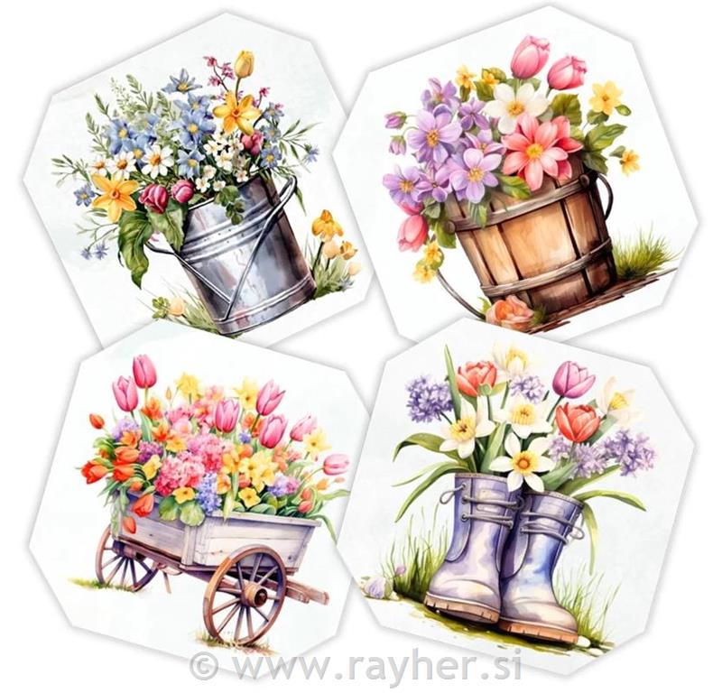 Wooden decorations, flower bouquets,set4